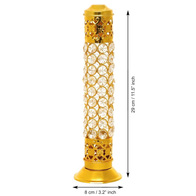 Webelkart Traditional Brass Crystal Incense Holder| Agarbatti Stand with Ash Catcher Incense Holder Stick Holder for Pooja, Decor Burner for Home Office Decoration (11.5" Inches)