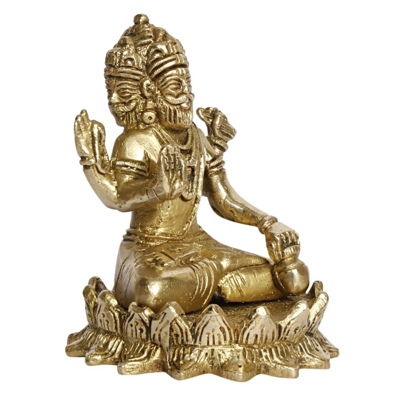 ARTVARKO Brass Brahma The Creator in Trimurti Idol Sitting on Lotus Murti Gold Color, Height 4 Inch.