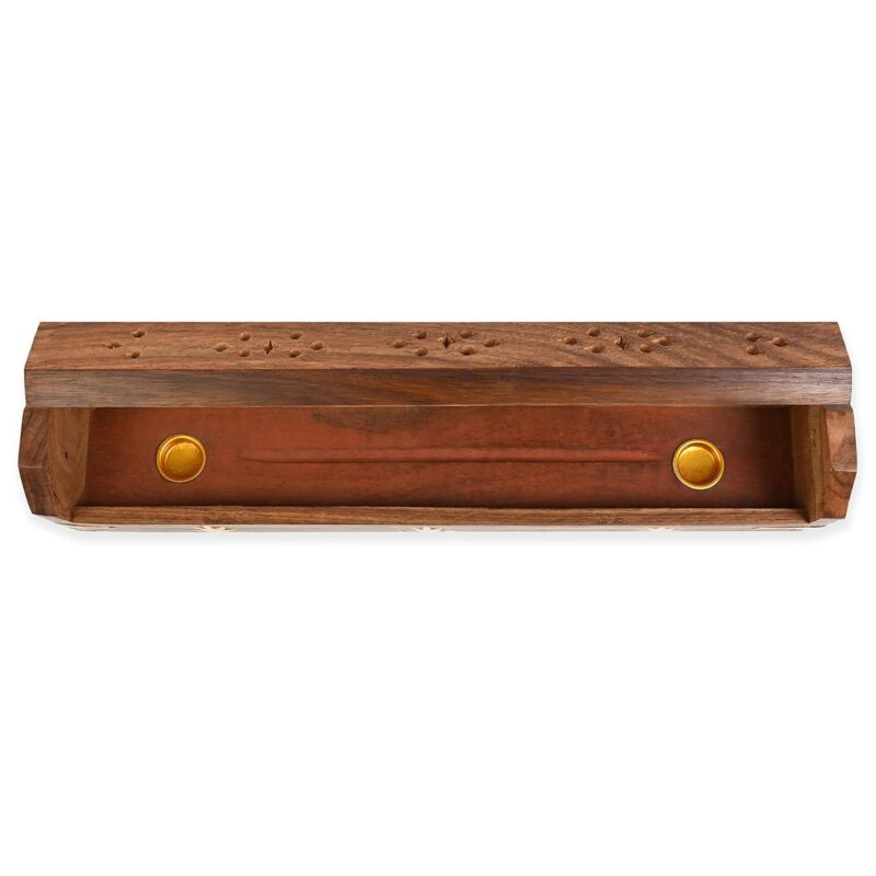 Bharat art store Wooden Agarbatti Incense Stick Box Holder Dhoop Stand Ash Catcher Hand Carved Sheesham Wood and Brass Incense Stick/agarbatti/Dhoop Holder Useful for Temple/Office/Home