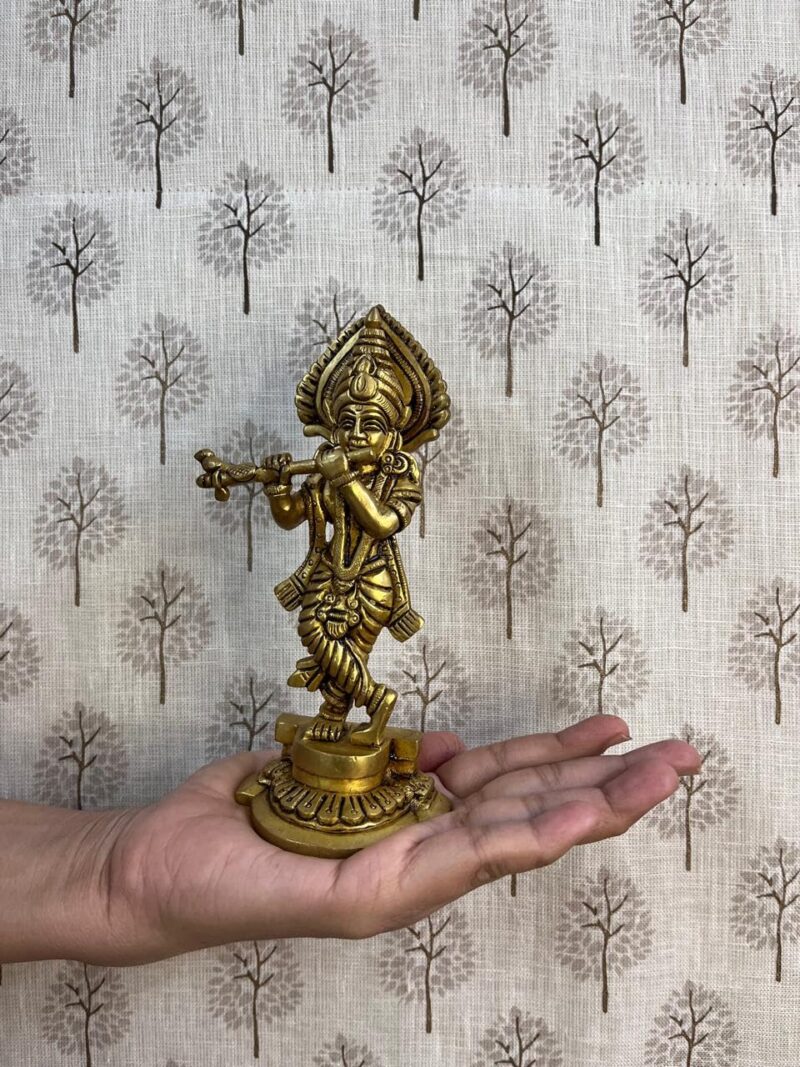 Yathashilpam Brass Krishna Idol I Krishna Murti I Lord Krishna Statue I Krishna Idol Playing Flute for Home Mandir I Krishna Idol Brass I Yellow Antique Colour I 6.5 cm x 4.5 cm x 16 cm I Pack of 1