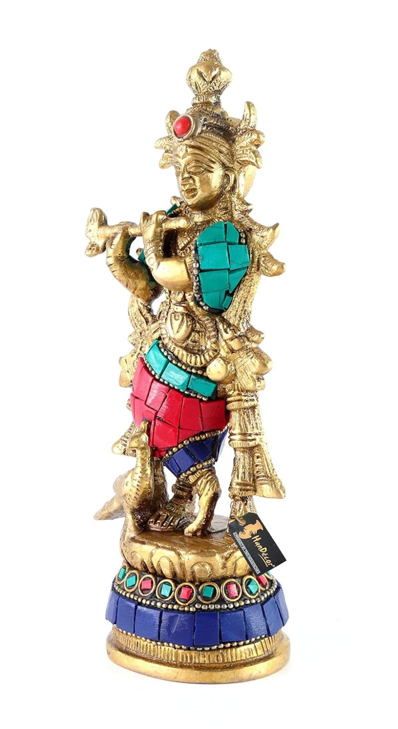 Two Moustaches Gemstone Work Flute Playing Krishna with Peacock 7 Inches Brass Statue