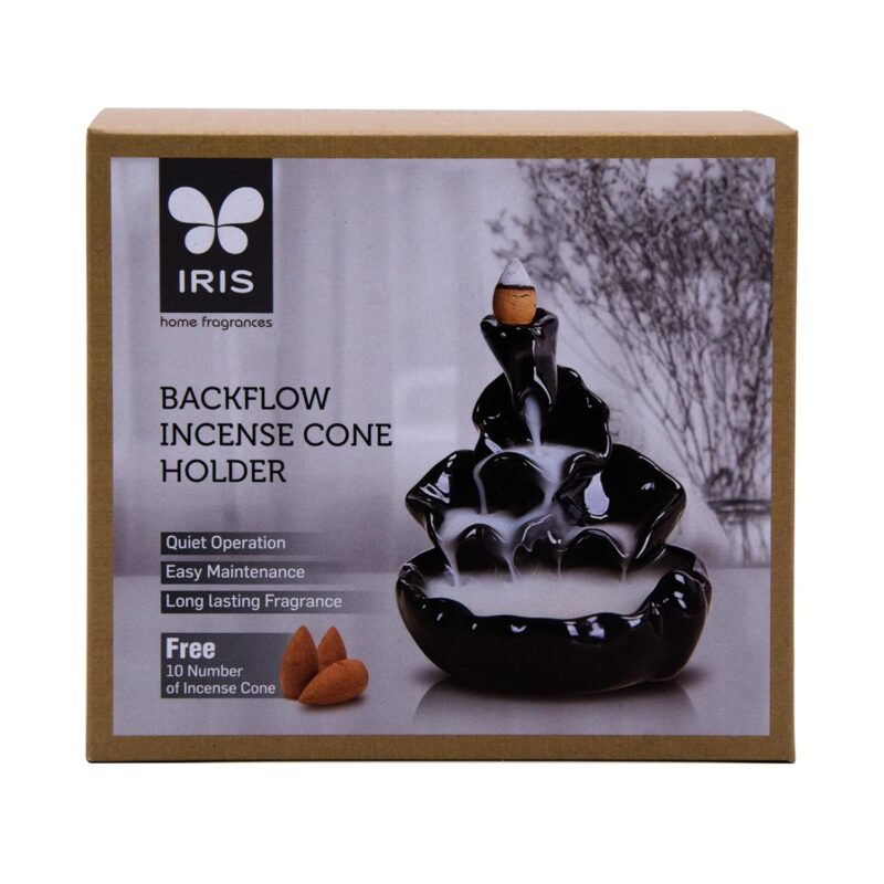 IRIS Ceramic Back Flow Incense Holder Shape- Water Fall, Black