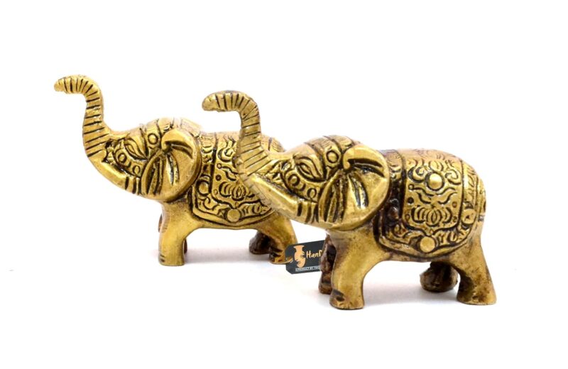 Two Moustaches Handcrafted Brass Elephant Showpiece, Antique Yellow, Standard, Pack of 2