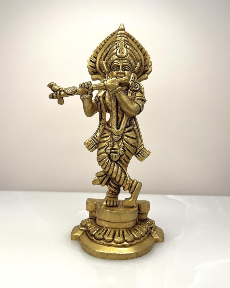 Yathashilpam Brass Krishna Idol I Krishna Murti I Lord Krishna Statue I Krishna Idol Playing Flute for Home Mandir I Krishna Idol Brass I Yellow Antique Colour I 6.5 cm x 4.5 cm x 16 cm I Pack of 1