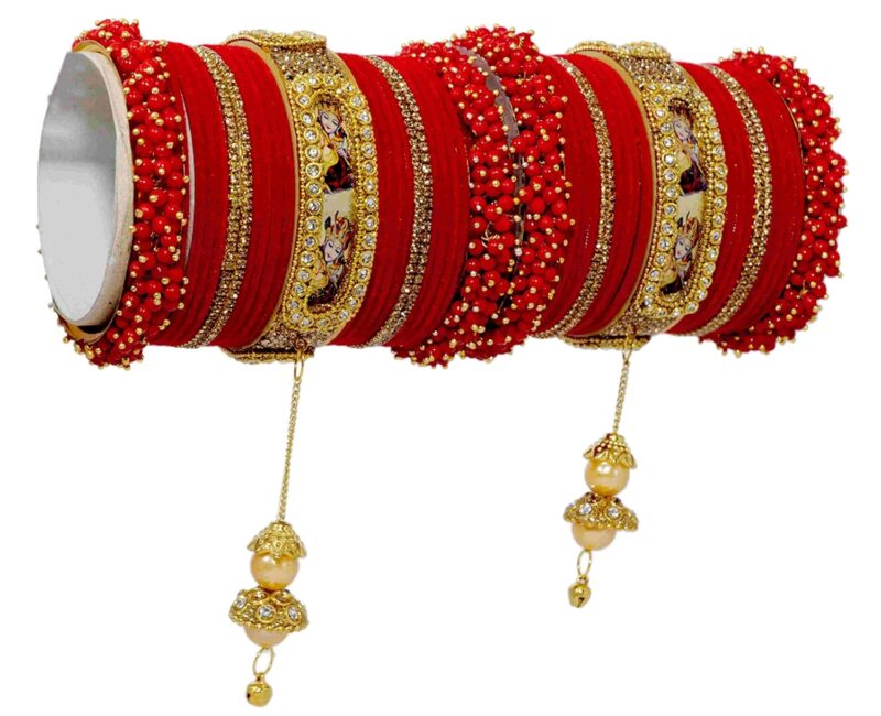 NMII Non-Precious Metal,Base Metal with Radha Krishna Latkan Zircon Gemstone Or Pearl and Velvet worked Glossy Finished Bangle Set For Women and Girls