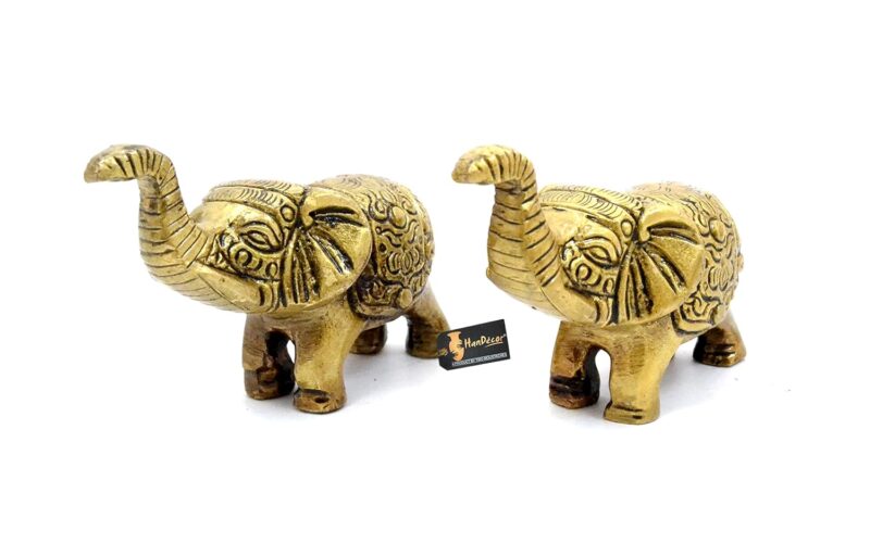 Two Moustaches Handcrafted Brass Elephant Showpiece, Antique Yellow, Standard, Pack of 2