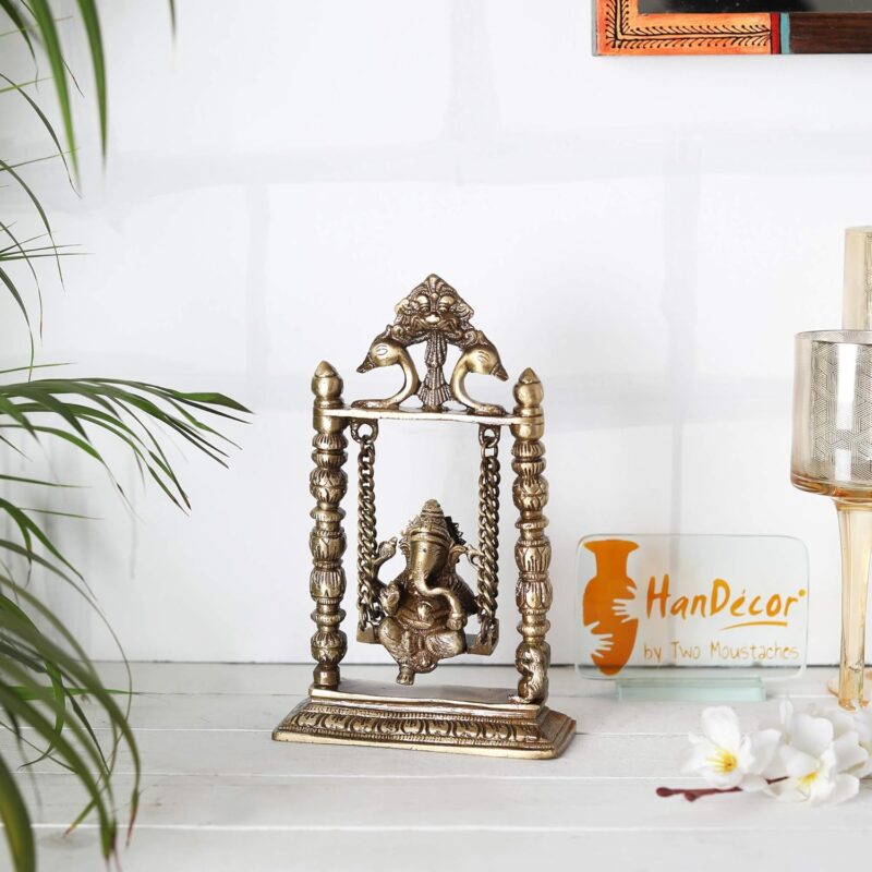 Two Moustaches Brass Ganesha On Jhoola Swing Showpiece, Beautiful Handcrafted Brass Ganesha Statue with Antique Finish (Antique Brown)