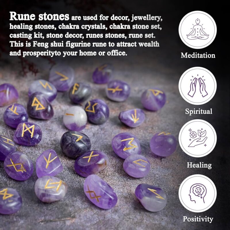 Crocon Amethyst Natural Gemstone Crystal 25 pcs Engraved Rune Stones for Chakra Balancing Reiki Healing Feng Shui Home Office Decor Size: 15-20 mm