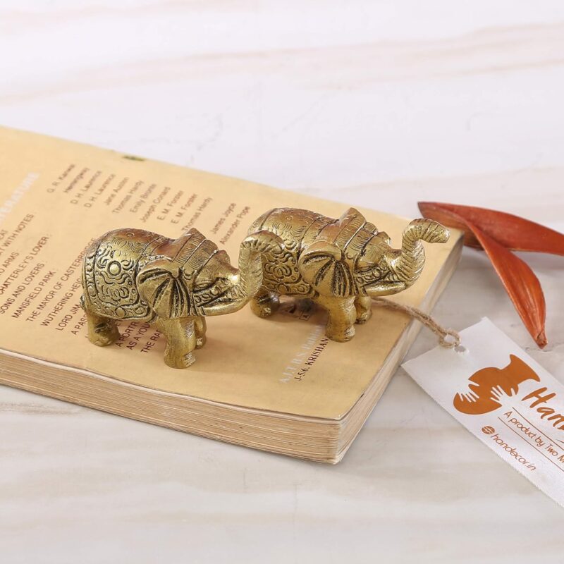 Two Moustaches Handcrafted Brass Elephant Showpiece, Antique Yellow, Standard, Pack of 2