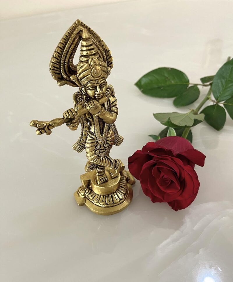 Yathashilpam Brass Krishna Idol I Krishna Murti I Lord Krishna Statue I Krishna Idol Playing Flute for Home Mandir I Krishna Idol Brass I Yellow Antique Colour I 6.5 cm x 4.5 cm x 16 cm I Pack of 1