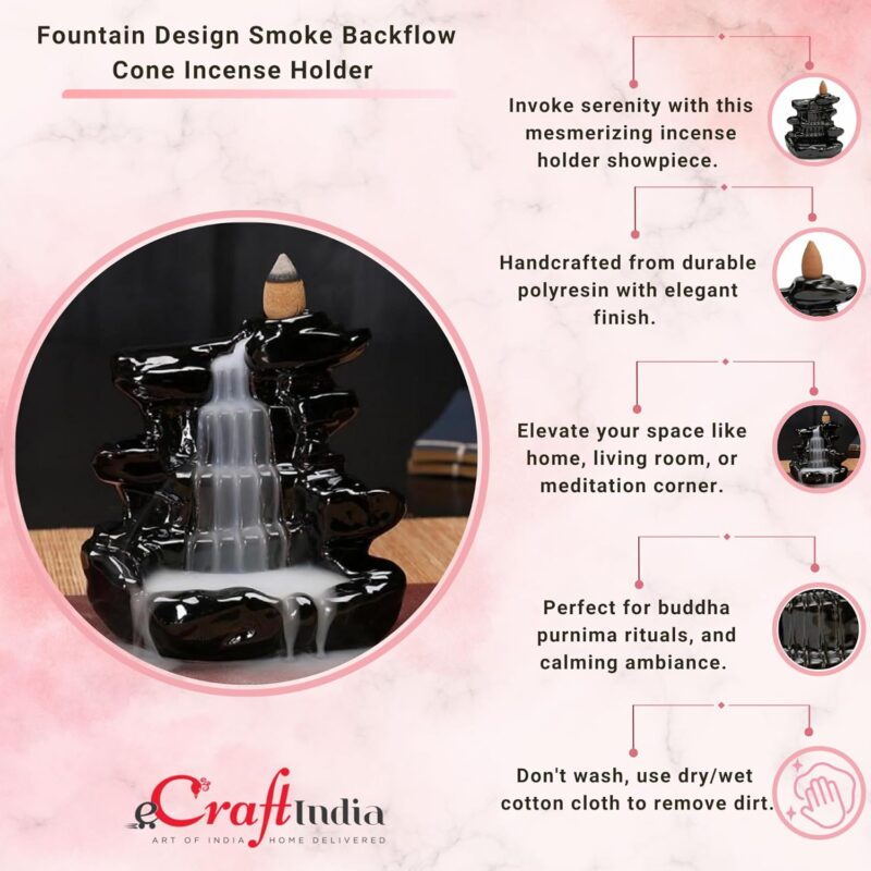 eCraftIndia Dropping Fountain Design Smoke Backflow Cone Decorative Incense Holder (7 cm x 7 cm x 12, Black)