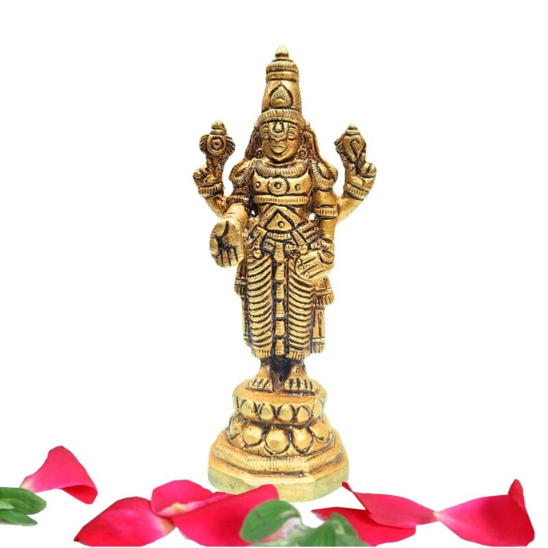 anciently Lord Venkateswara Idol Brass Small | Small Tirupati Balaji Idol Brass | Perumal Statue Brass Small, Brass, 9.5cm Height, Gold Colour, 1 Piece