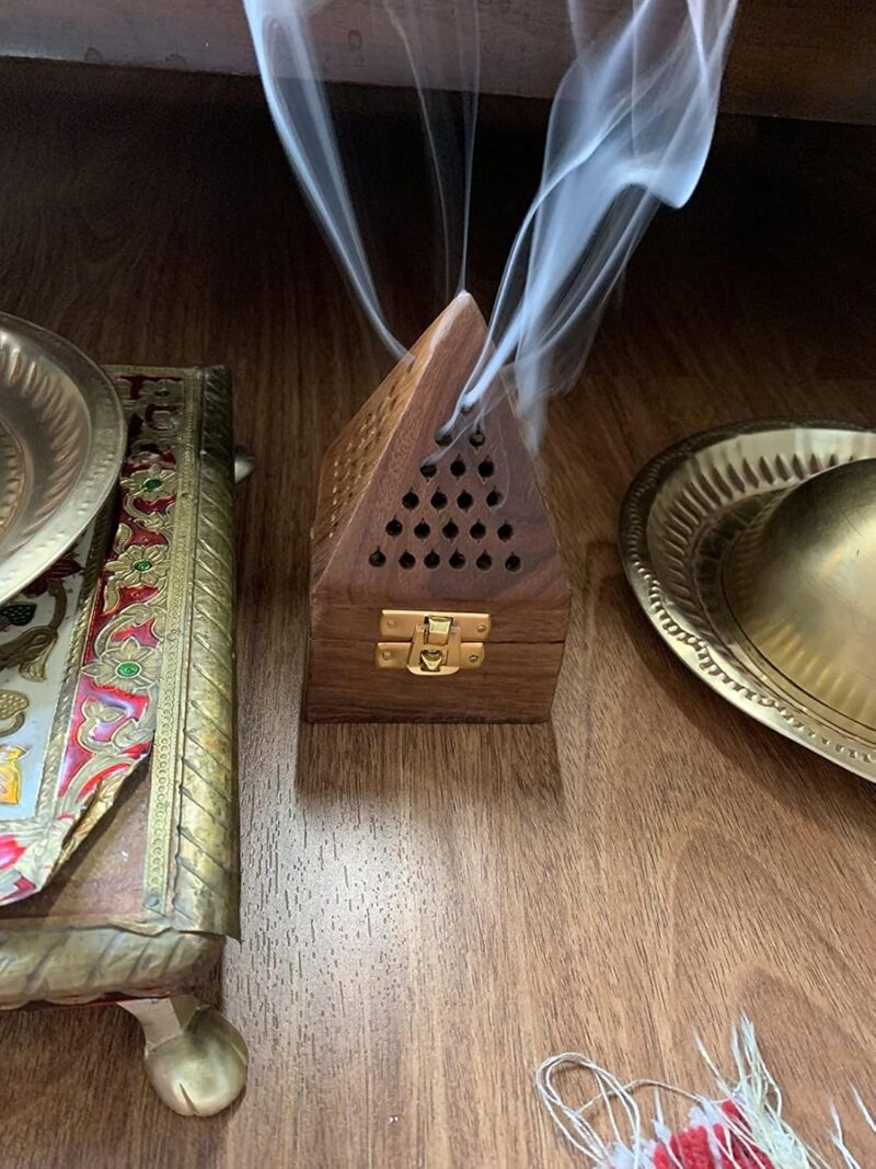 WOOD ART STORE Wooden Pyramid Shape Incense Box Hoder Stand | Wooden Agarbatti Stand with ash Catcher for Home Office | Incense Sticks Holder (Medium)