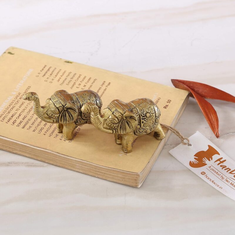 Two Moustaches Handcrafted Brass Elephant Showpiece, Antique Yellow, Standard, Pack of 2