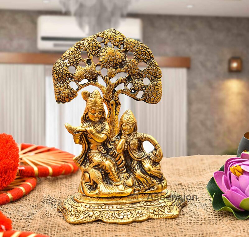 ascension Designer Brass Metal Radha Krishna Under Tree Idol (Golden, Medium)