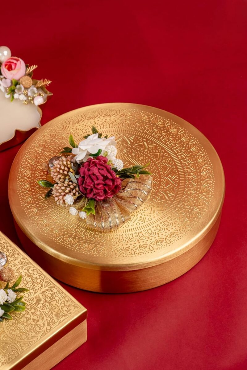 BLESSINGS BY TRUPTI Poonam Diwali Gift Hamper | Pure Round Brass Box with Floral Decor, Almonds, Cashews, Kesar Mishri, Brass Diya | Elegant Festive Gift Set