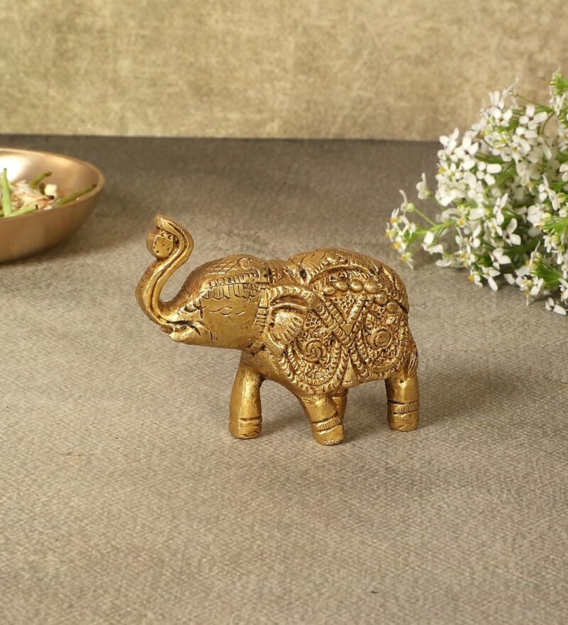 Two Moustaches Handmade Ethnic Indian Brass Elephant Decor Showpiece, Standard, Golden, Pack of 1