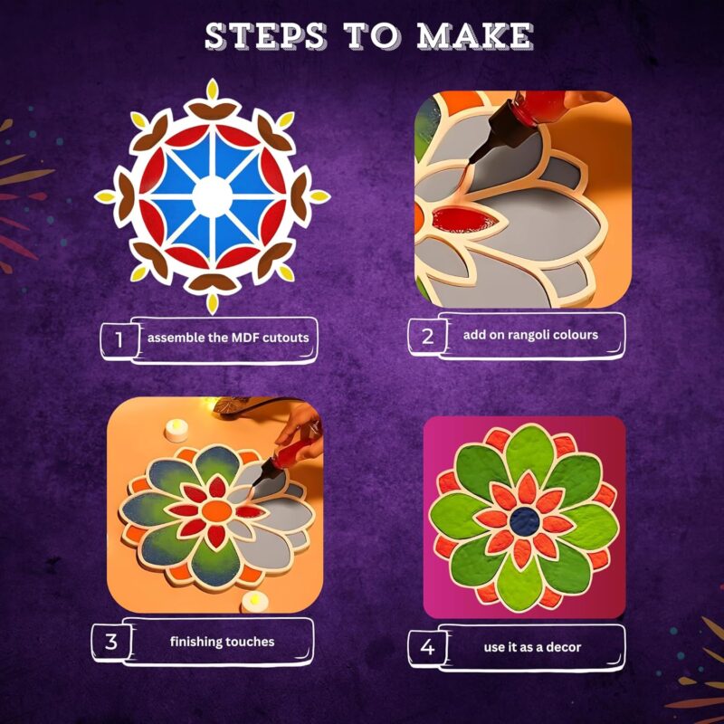 Rangoli Stencils Mats | Reusable Rangoli Template | Rangoli Making Tools Kit | Diwali Decoration | Wooden Rangoli Stencil + 2 Tealight Candles | Pooja Room Decoration | MDF Stencil | 12 Inches