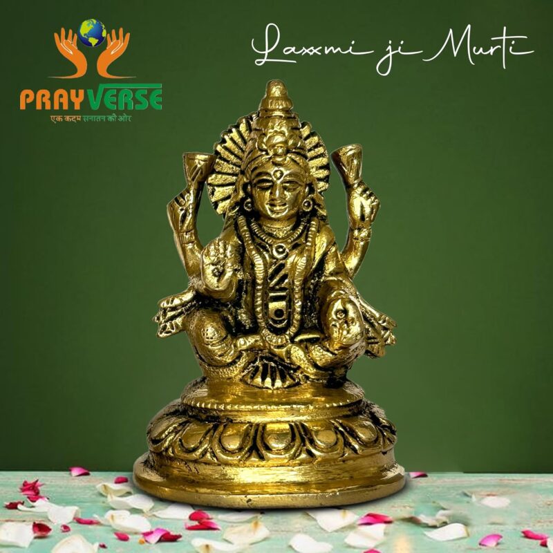 PRAYVERSE Lakshmi Made of Pure Brass Sitting on Round Base Brass Goddess Lakshmi Religious Idol Figurine Hindu God Sculpture Decorative Showpiece - 10 cm (Brass, Gold)