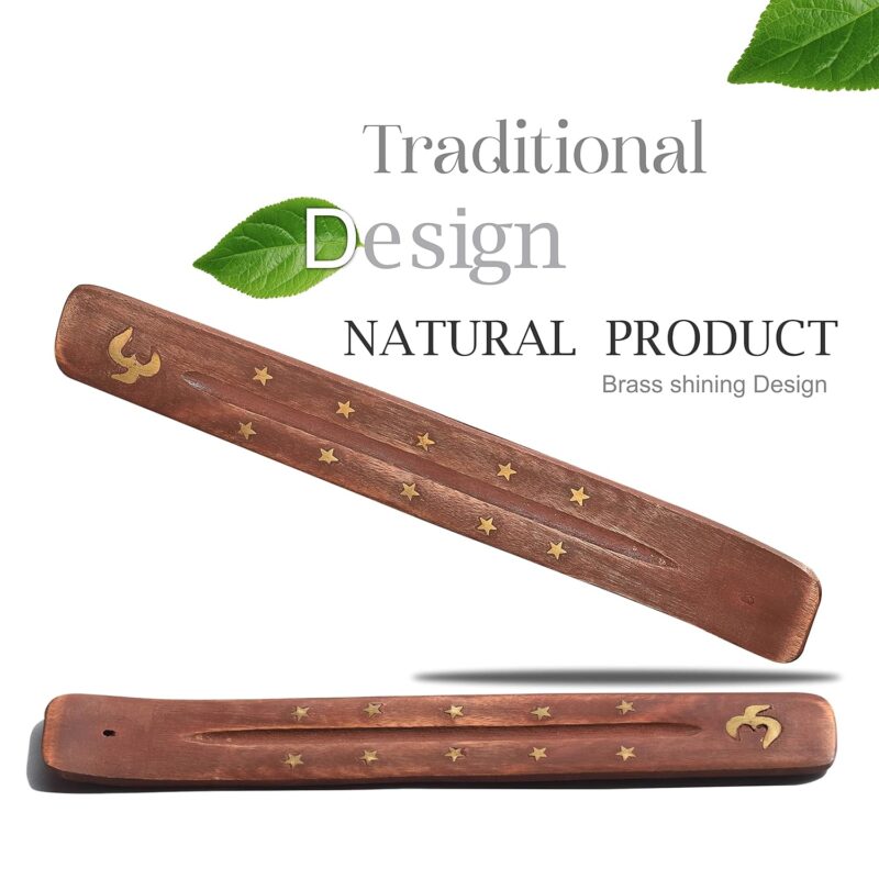 Pure Source India Wooden Incense Holder (10 x 1.5 x 1.5 inch, Brown) Long Brass Inlay OM Design