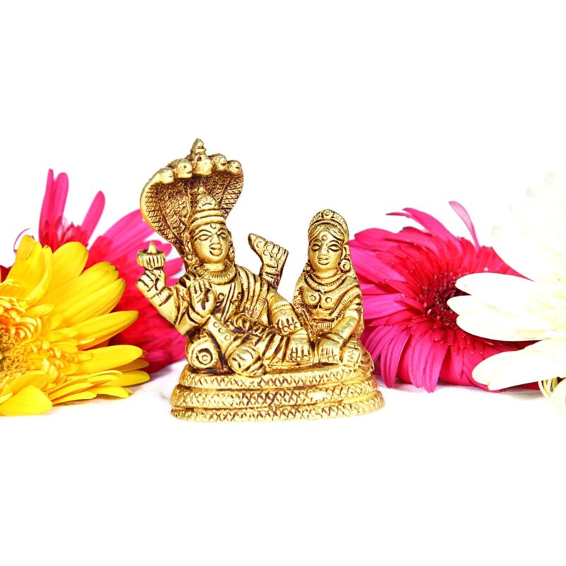 Aalayam Selveer Sheshnag Vishnu Laxmi Idol | Vishnu Lakshmi Idol | Ranganatha Perumal Lakshmi Thayar Statue | Lakshmi Narayan Idol Brass Height 7cm Gold Colour 1 Piece