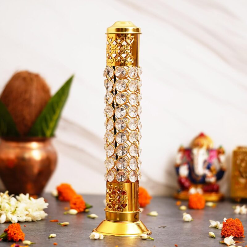 Webelkart Traditional Brass Crystal Incense Holder| Agarbatti Stand with Ash Catcher Incense Holder Stick Holder for Pooja, Decor Burner for Home Office Decoration (11.5" Inches)