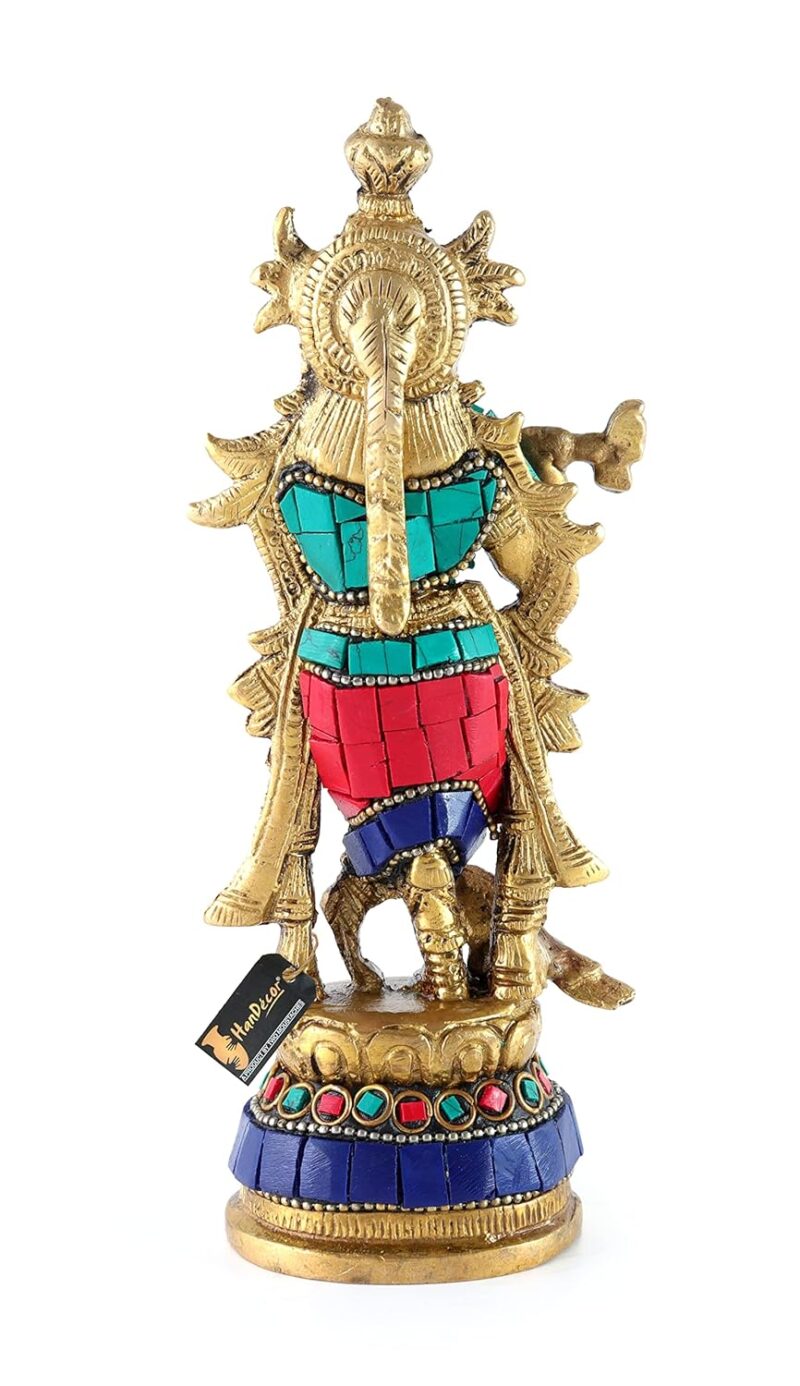 Two Moustaches Gemstone Work Flute Playing Krishna with Peacock 7 Inches Brass Statue