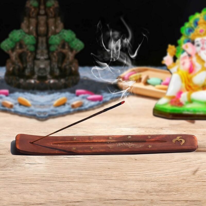 Pure Source India Wooden Incense Holder (10 x 1.5 x 1.5 inch, Brown) Long Brass Inlay OM Design