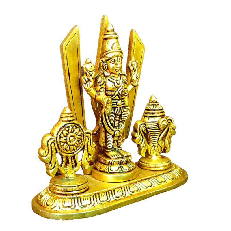 Anciently Brass Shankh Chakra Stand with Perumal Idol | Sangu Chakram Stand with Tirupati Balaji Idol | Tirupati Balaji Murti Brass, Height 12.5 CM Gold Colour 1 Piece