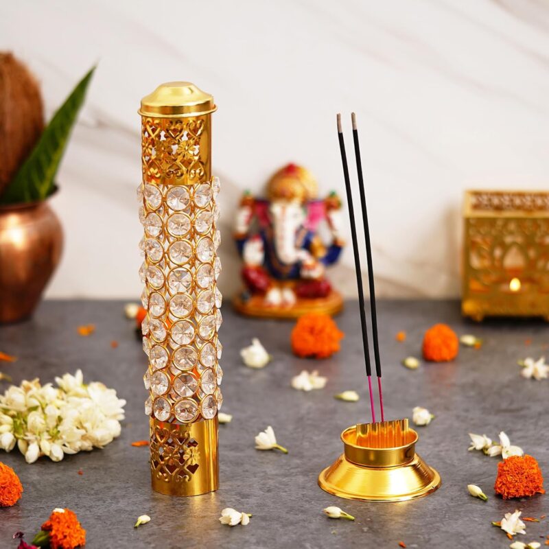 Webelkart Traditional Brass Crystal Incense Holder| Agarbatti Stand with Ash Catcher Incense Holder Stick Holder for Pooja, Decor Burner for Home Office Decoration (11.5" Inches)