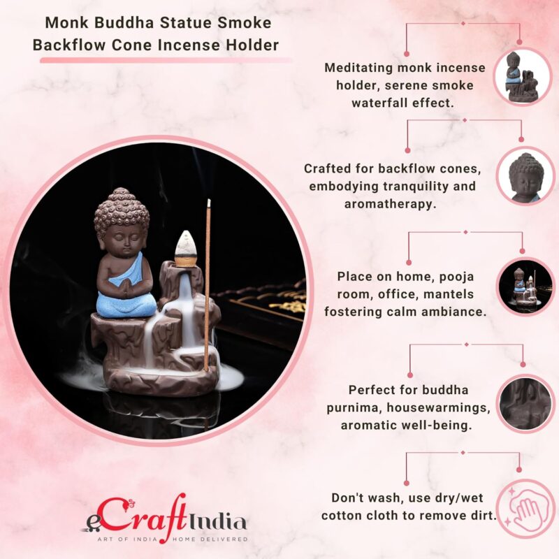 eCraftIndia Meditating Monk Buddha Smoke Backflow Cone Decorative Incense Holder (7 cm x 7 cm x 12, Blue)