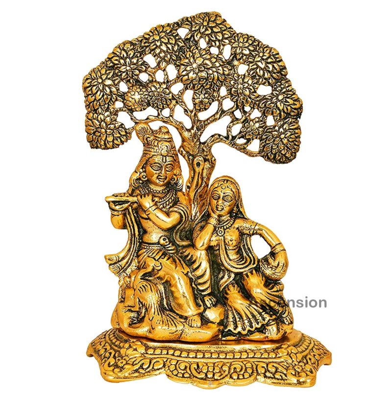 ascension Designer Brass Metal Radha Krishna Under Tree Idol (Golden, Medium)