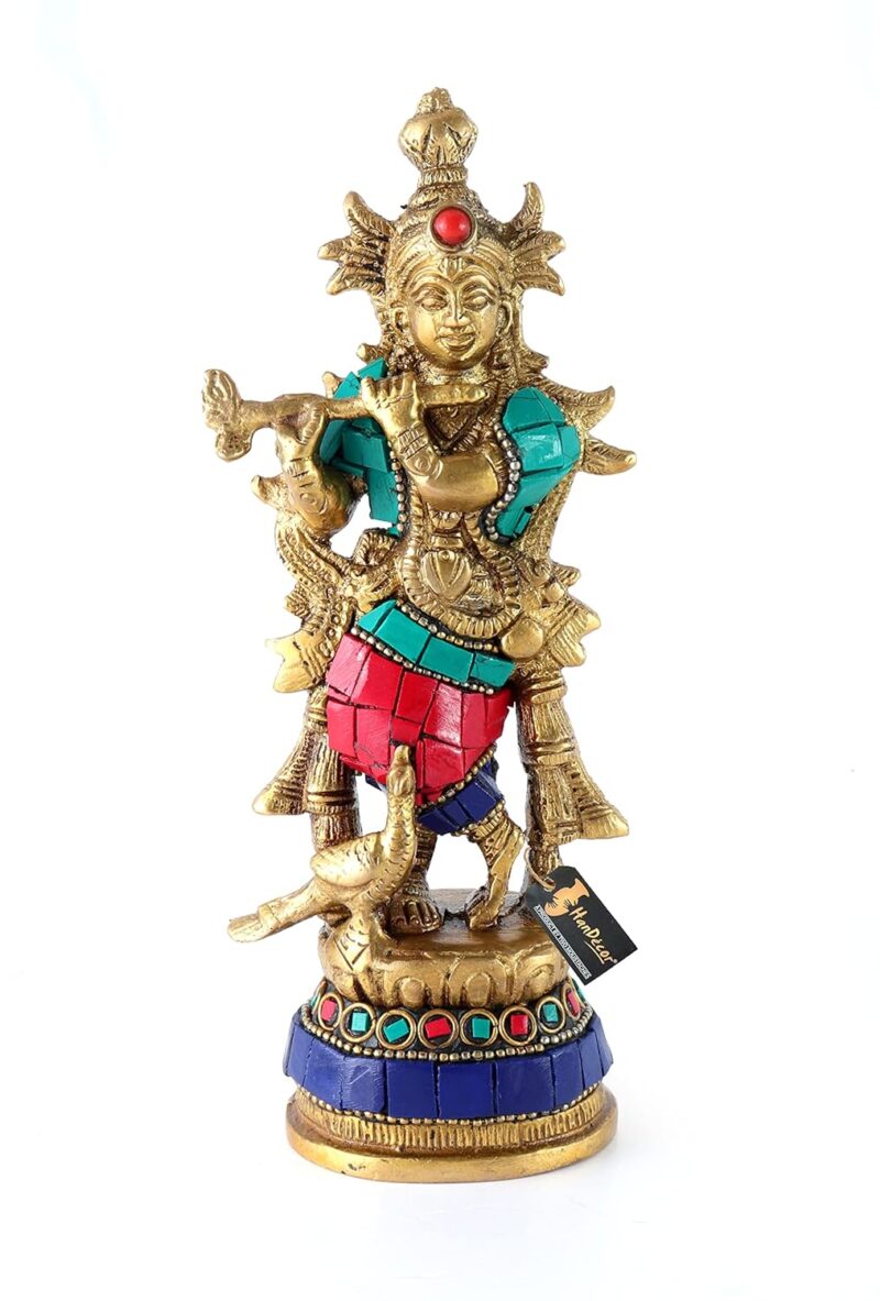 Two Moustaches Gemstone Work Flute Playing Krishna with Peacock 7 Inches Brass Statue