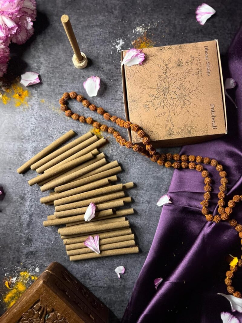 AMAYAH Luxury Organic Dhoop Sticks | Bambooless Patchouli Fragrance (100% Herbal & 0% Charcoal) | Organic & Natural Incense Dhoop Sticks | 30 Bambooless Sticks + Holder