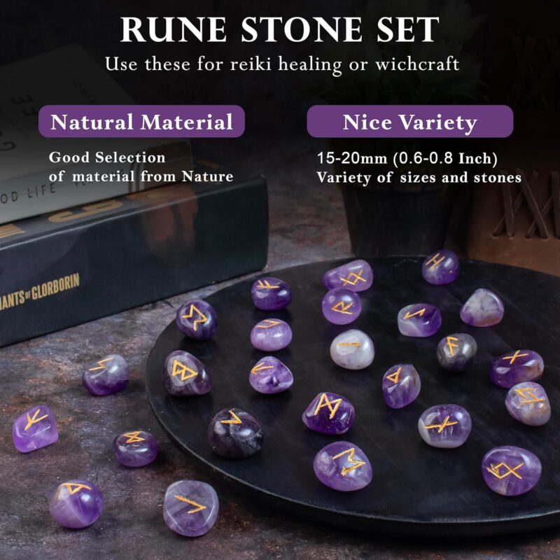 Crocon Amethyst Natural Gemstone Crystal 25 pcs Engraved Rune Stones for Chakra Balancing Reiki Healing Feng Shui Home Office Decor Size: 15-20 mm