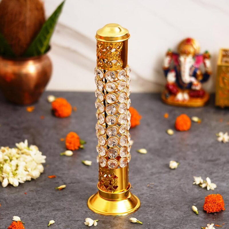 Webelkart Traditional Brass Crystal Incense Holder| Agarbatti Stand with Ash Catcher Incense Holder Stick Holder for Pooja, Decor Burner for Home Office Decoration (11.5" Inches)