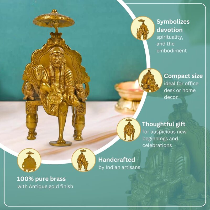 CRAFTHUT Beautiful Brass Statue Idol Shirdi Sai Baba with Chair and Chatra Statue Religious Harmony Gift Spiritual for Home Décor, Office Decorative Items (LXBXH- 8.5 X7.0 X15.0 CMS)