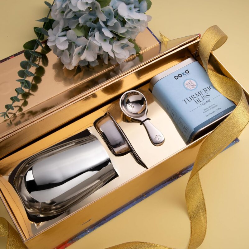 Doko Tea Gift Box Set of 4 | Pack of Turmeric Tisane with Stainless Steel Infuser, Spoon, Tumbler | Unique Gift Box with Tea Leaves and Accessories | Assorted Festive Hamper for Tea Lovers