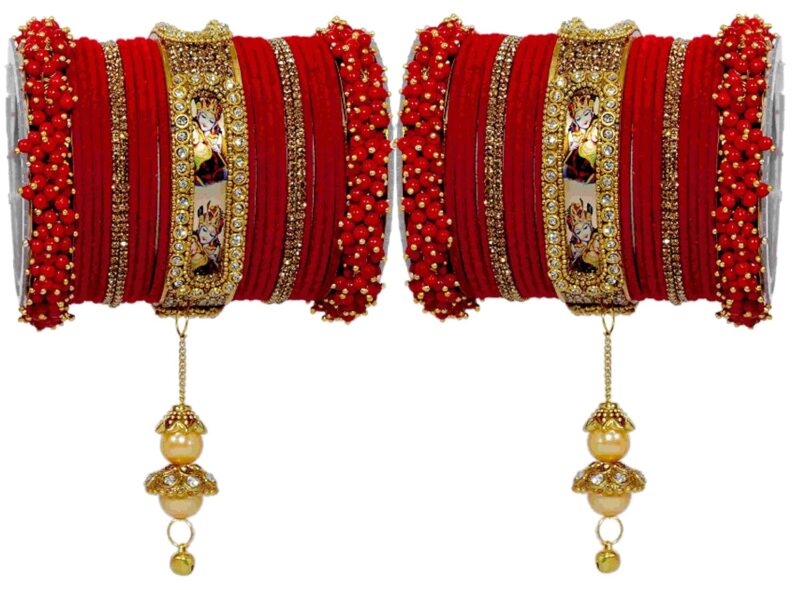 NMII Non-Precious Metal,Base Metal with Radha Krishna Latkan Zircon Gemstone Or Pearl and Velvet worked Glossy Finished Bangle Set For Women and Girls