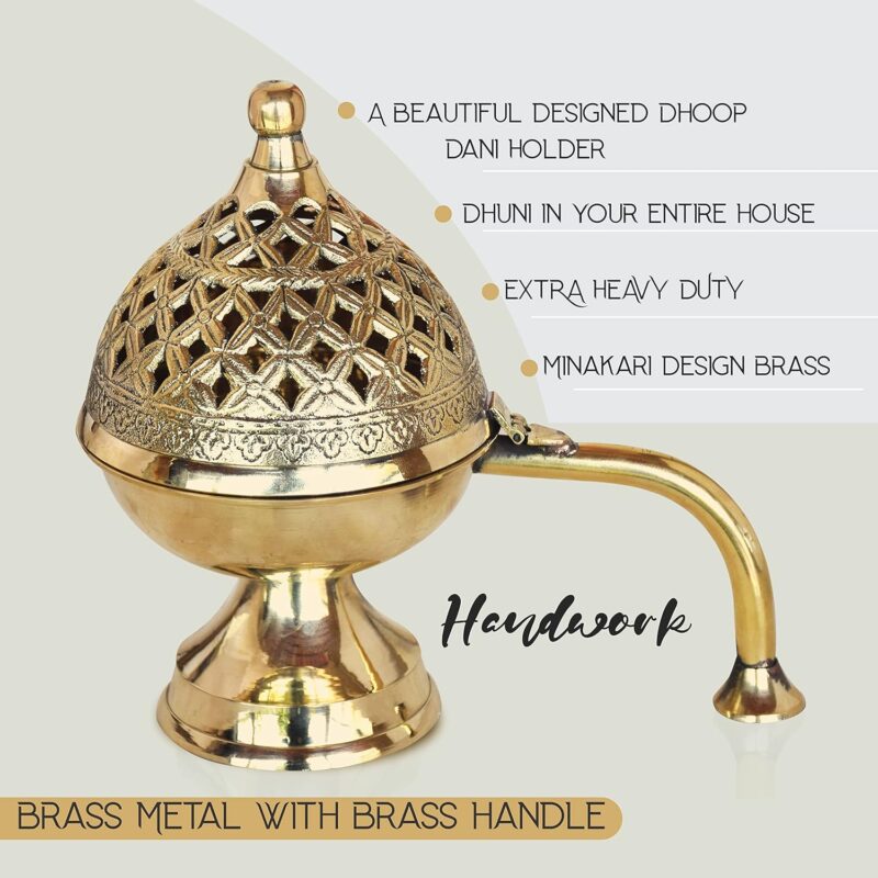 Pure Source India Brass Dhoop Dani | Bakhoor Holder | Loban Burner | Incense Holder, 8 Inch (600 Gram)