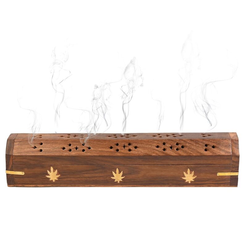 Bharat art store Wooden Agarbatti Incense Stick Box Holder Dhoop Stand Ash Catcher Hand Carved Sheesham Wood and Brass Incense Stick/agarbatti/Dhoop Holder Useful for Temple/Office/Home