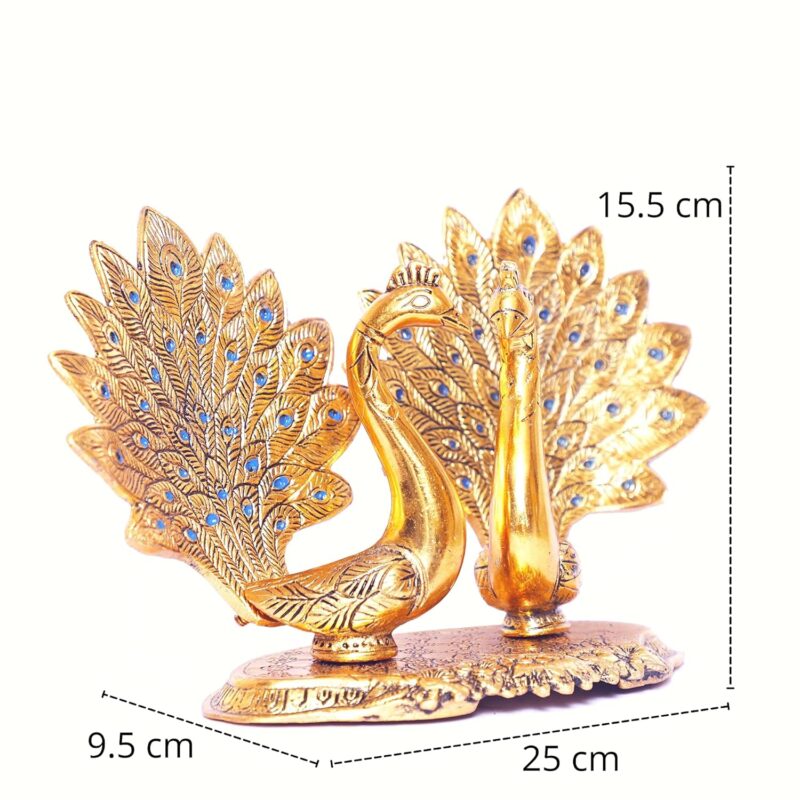 KridayKraft Metal Double Lovers Peacock Statue, Showpiece Figurine- Standard, Gold, 25 Cm, 16 Cm