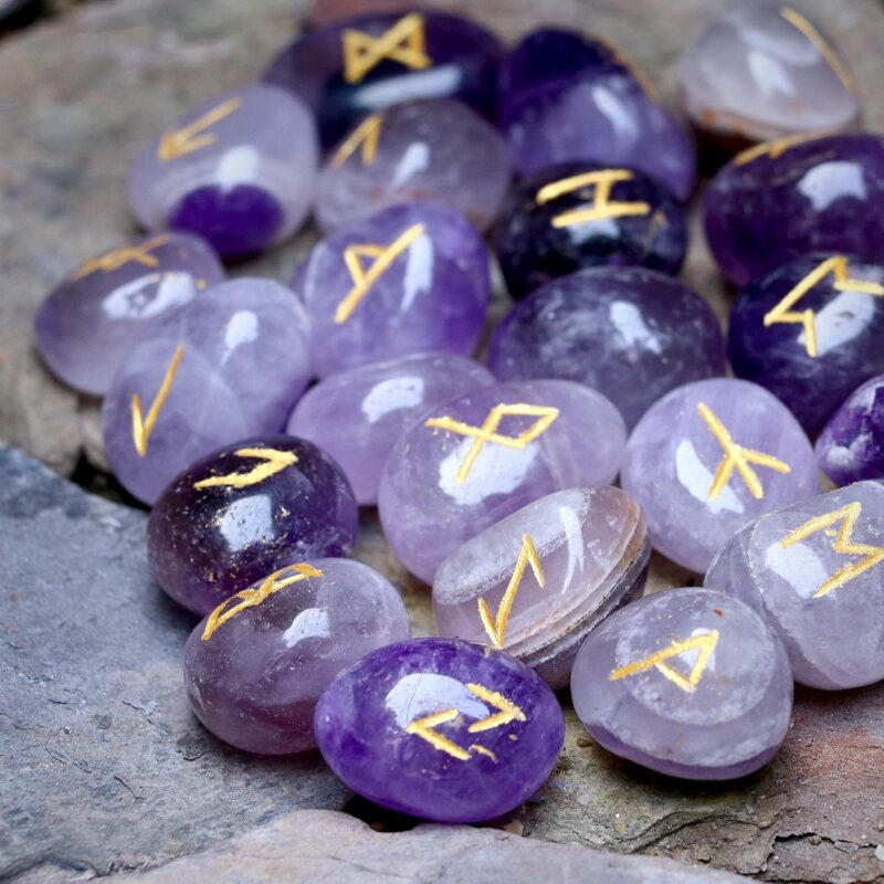 Crocon Amethyst Natural Gemstone Crystal 25 pcs Engraved Rune Stones for Chakra Balancing Reiki Healing Feng Shui Home Office Decor Size: 15-20 mm