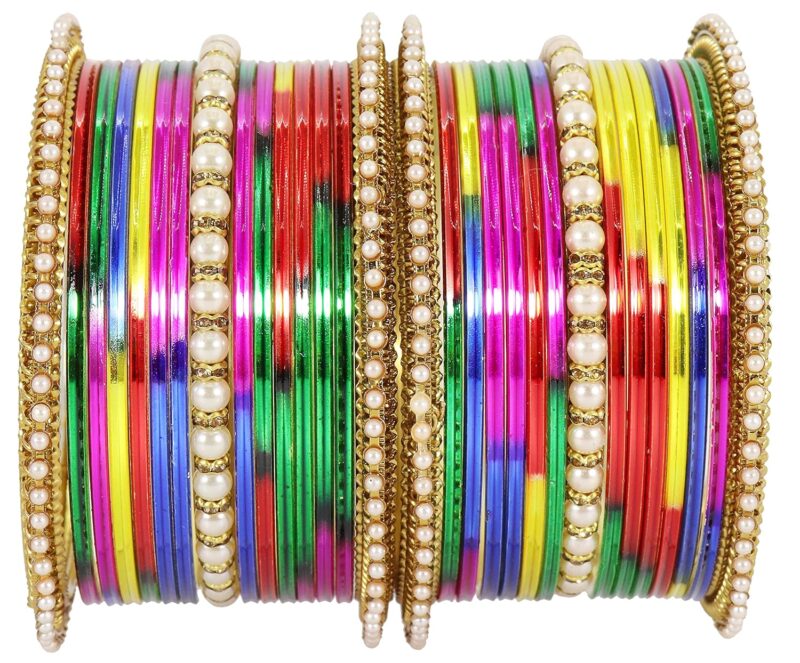 NMII Non-Precious Metal Base Metal Studded with Zircon Gemstone Or Pearl Glossy Finished Bangle Set For Women and Girls