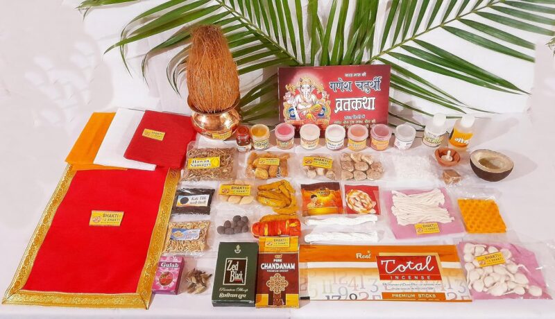 BHAKTI 2 SHAKTI MAKING WORSHIP SPECIAL-Ganpati Pooja Samagri Kit|Contains 1 Mtr Red-Yellow-White Cloth|Red Aasan|Jumbo Series