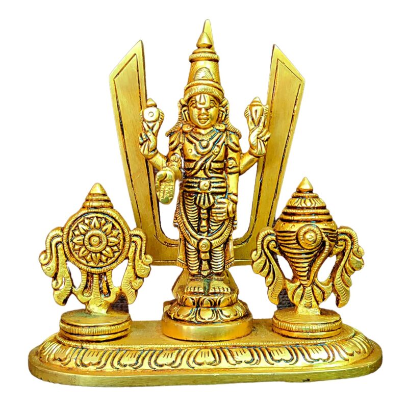 Anciently Brass Shankh Chakra Stand with Perumal Idol | Sangu Chakram Stand with Tirupati Balaji Idol | Tirupati Balaji Murti Brass, Height 12.5 CM Gold Colour 1 Piece