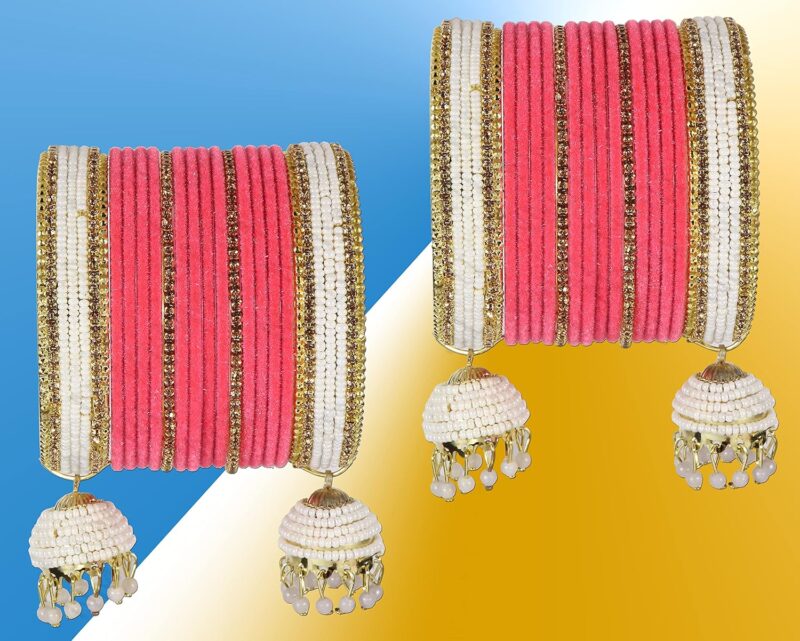 ZULKA Non-Precious Metal Studded with Zircon Gemstone or Pearls and Velvet worked Glossy Finished Latkan Bangles/Chuda Set For Women and Girls