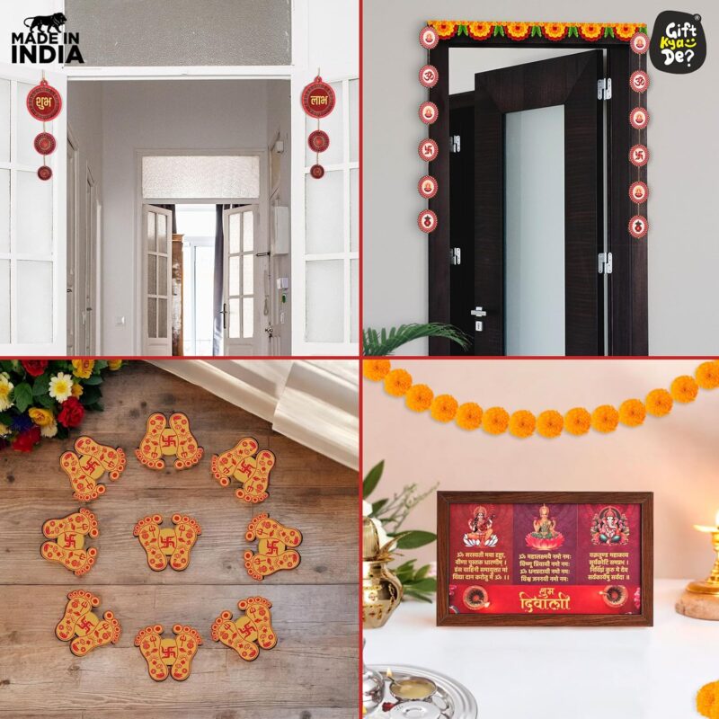 GKD Diwali Decorations All-in-One Kit – 9 Pooja Decor Items Including Diya, Diya Stand, Mini Mandir, Charan Paduk , Torans and Pooja Vidhi Instructions | Made in India | Eco-Friendly (9)