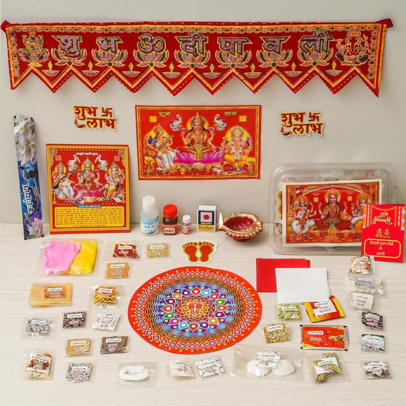 iinfinize Diwali Pooja Whole Kit 41 Items Mahalakshmi Pujan Samagri with Poster Home and Office Deepawali Puja Vidhi