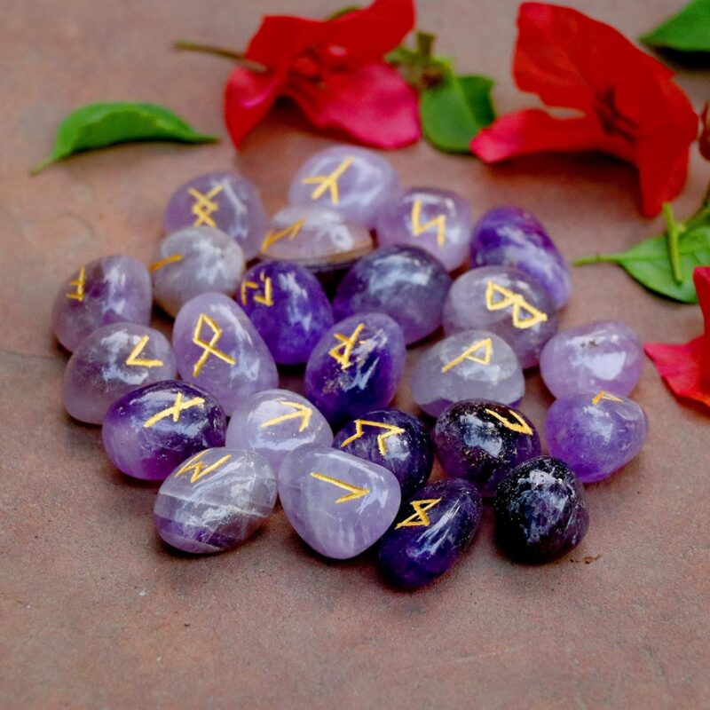 Crocon Amethyst Natural Gemstone Crystal 25 pcs Engraved Rune Stones for Chakra Balancing Reiki Healing Feng Shui Home Office Decor Size: 15-20 mm